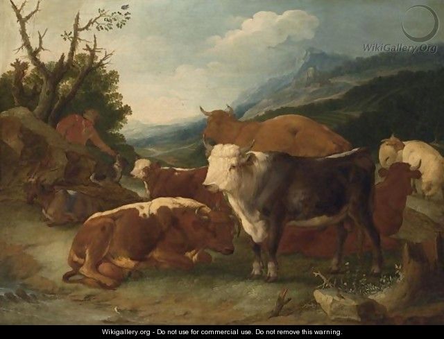 An Italianate Landscape With A Herdsman And His Cattle And Dog In A Meadow - Johann Melchior Roos