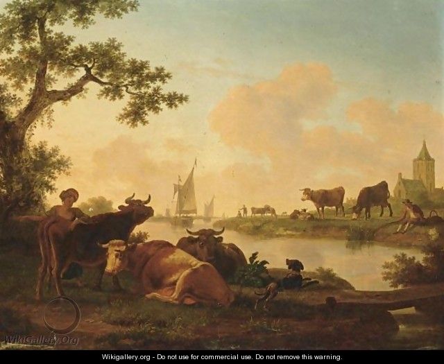A River Landscape With A Shepherdess And Her Cattle In The Foreground - Frans Swagers
