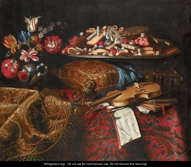 Still Life With A Cushion, Flowers And Sweetmeats And A Violin - Roman School