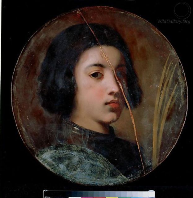 A Young Boy, Bust Length, Wearing Armour And Holding A Martyr