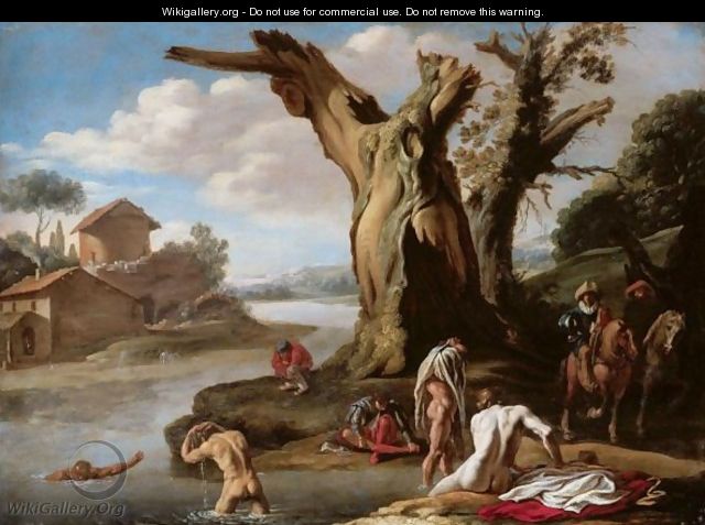 A River Landscape With Horsemen And Figures Bathing In The Foreground - Filippo (Il Napoletano) D