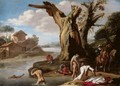 A River Landscape With Horsemen And Figures Bathing In The Foreground - Filippo (Il Napoletano) D