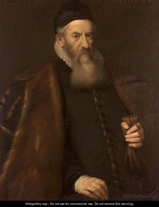 Portrait Of A Gentleman, Three-Quarter Length, Wearing A Black Furlined Cloak And Holding A Pair Of Gloves - Venetian School