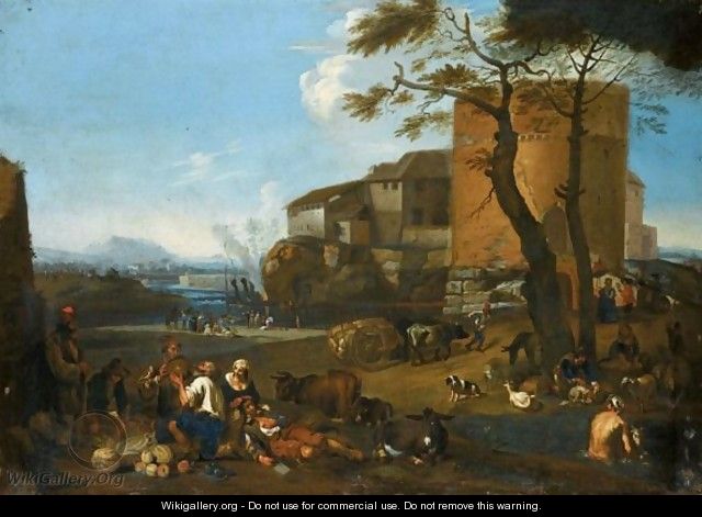 Italianate Landscape With Peasants Eating And Drinking With Their Animals Near A Fortified Village - (after) Michaelanglo Cerquozzi