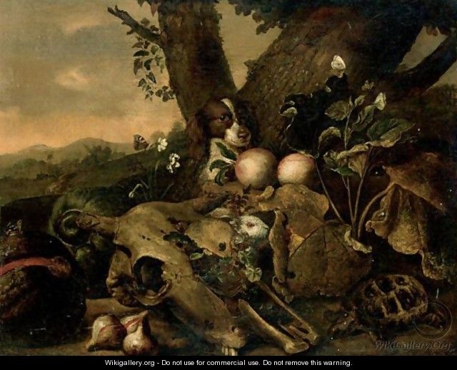 Landscape With A Spaniel, A Rabbit, A Tortoise And Fruit Beside An Animal Skull - Dutch School