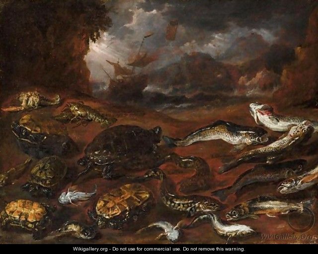 A Still Life Of Fish, Tortoises And Lobster On A Beach, A Stormy Sea Beyond - Peeter Boel
