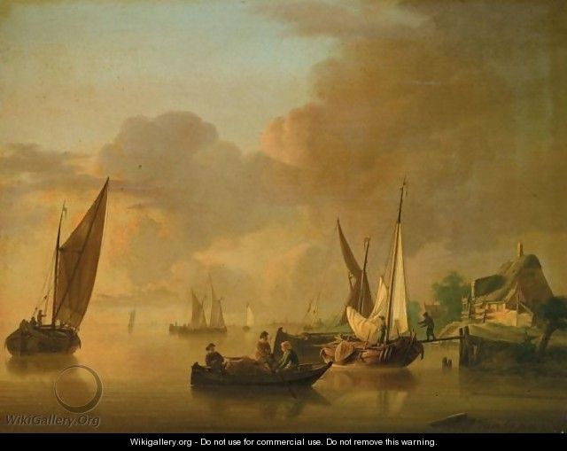 A River Landscape With Smalschips Unloading Their Cargo, Together With A Rowing Boat - Jan van Os