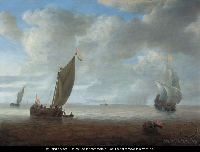 Dutch Coastal Vessels In A Light Breeze, A Man Of War Firing A Salute Beyond - Hendrik van Anthonissen