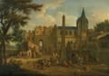 An Italianate Landscape, With Numerous Figures In A Piazza Before A Church - Mathys Schoevaerdts