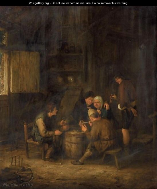 An Interior With Peasants Huddled Around A Cask, Smoking And Drinking - (after) Adriaen Jansz. Van Ostade
