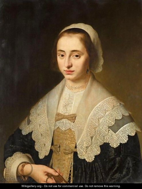 Portrait Of A Lady, Half Length, Wearing Black, With A White Lace Collar And Headress, Holding A Fan - Dutch School