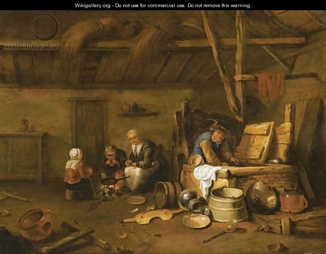 A Barn Interior With A Man At A Well And A Mother And Children Cooking Around A Fire - (after) David Ryckaert III