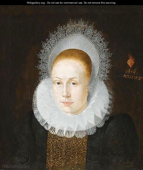 Portrait Of A Young Lady, Head And Shoulders, Wearing A Ruff And An Elaborate Headress - Dutch School