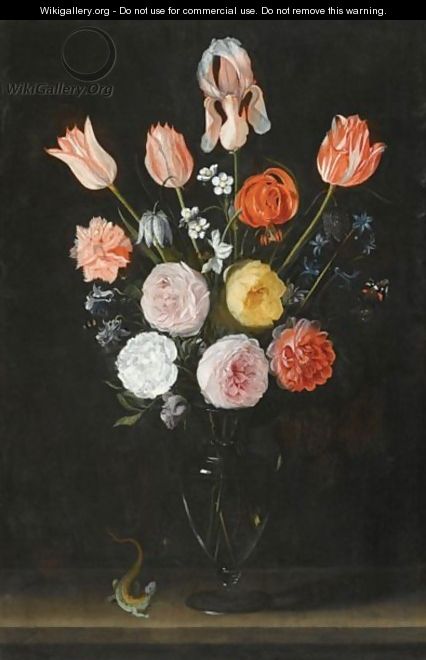 A Bouquet Of Flowers Including Tulips, Roses And Carnations, In A Glass Vase - (after) Daniel Seghers