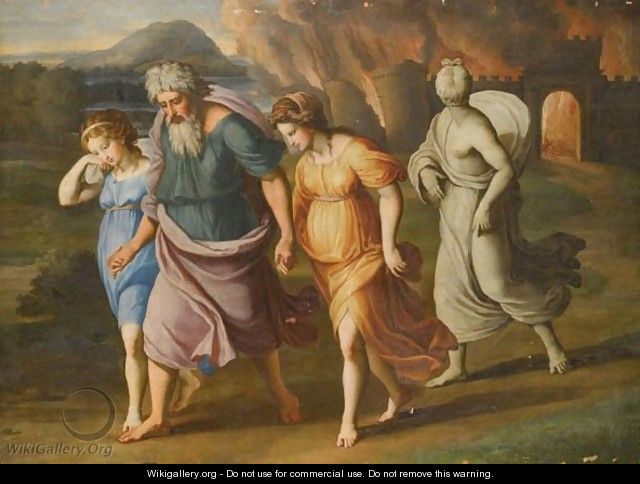 Lot And His Daughters Fleeing The Destruction Of Sodom And Gomorrah - (after) Raphael (Raffaello Sanzio of Urbino)