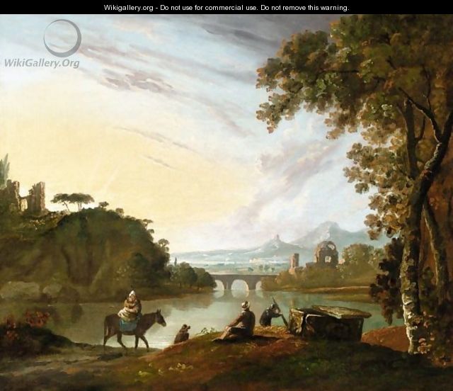 Travellers Resting By A Tomb Beside A Lake In A Classical Landscape - (after) Richard Wilson