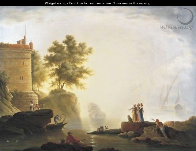 Port Scene With Elegant Figures And Fishermen - (after) Jean-Henri D