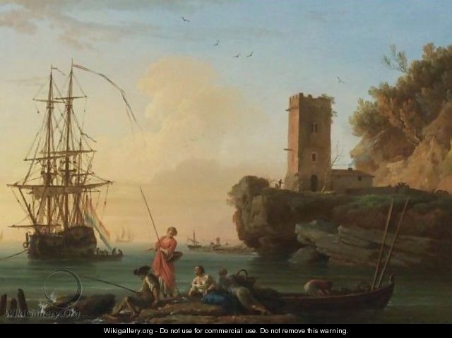 A Coastal Landscape At Dusk With Fishermen And Women In The Foreground, Sailors Disembarking From A Ship Beyond - Claude-joseph Vernet
