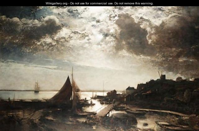 Moonlit Harbour Scene - Alfred Wahlberg