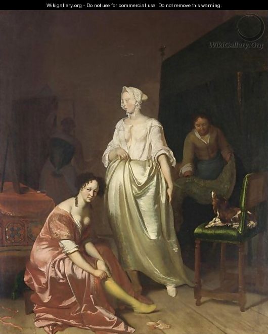 An Interior With Two Elegant Ladies Making Their Toilet Together With A Maid Making The Bed And A Dog On A Chair - (after) Jacob Ochtervelt