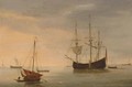 A Dutch Flute At Anchor And A Fishing Pink With Sail Lowered In The Foreground In A Calm Sea At Sunset - Willem van de, the Elder Velde