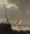 Ships In Stormy Seas With Fishermen Standing At A Jetty - Pieter the Elder Mulier