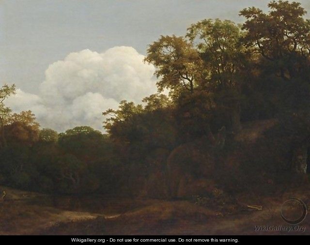 A Wooded Landscape With A Waterfall Ending In A Forest Pond - Cornelis Hendricksz. The Younger Vroom