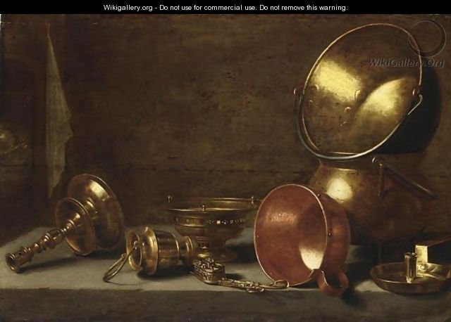 A Still Life With Copper Candlesticks, Pots And Pans On A Stone Ledge - Floris Gerritsz. van Schooten