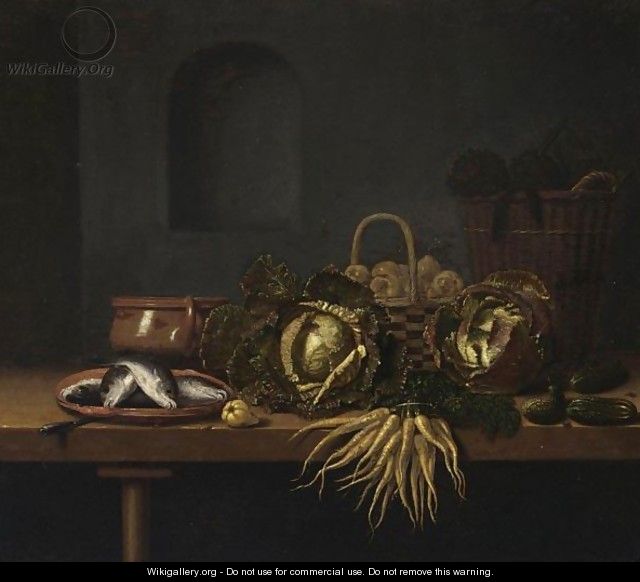 A Still Life With Cabbages, Carrots, Gherkins, Fish On An Earthenware Plate - Hubert van Ravesteyn
