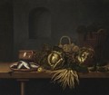 A Still Life With Cabbages, Carrots, Gherkins, Fish On An Earthenware Plate - Hubert van Ravesteyn