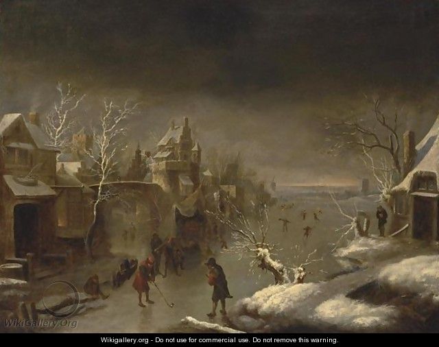 A Winter Landscape With Colf Players On The Ice Near A Town Gate - Claes Molenaar (see Molenaer)