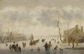 A Winter Landscape With Elegant Figures Skating And A Couple In A Horse-Drawn Sleigh On The Ice - Anthonie Verstraelen