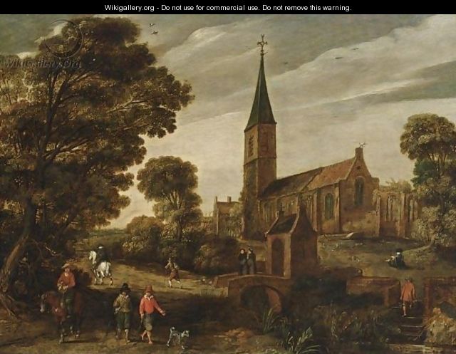 A Wooded Landscape With Figures Near A Church And Two Monks Conversing On A Stone Bridge - Esaias Van De Velde