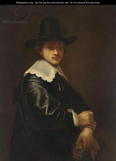 A Portrait Of A Young Gentleman, Standing Half-Length, Wearing A Black Costume And Hat With A White Lace Collar, Holding Gloves - (after) Ferdinand Bol