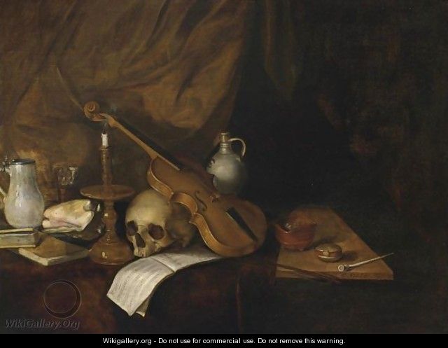 A Vanitas Still Life With A Violin, A Music Book, A Candlestick, A Skull, Books, A Conch Shell, A Pipe And Jugs - Dutch School