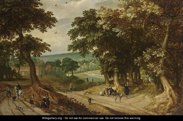 An Extensive Wooded Landscape With Elegant Figures Walking And Resting Together With Sportsmen And Their Dogs, A Town Beyond - Willem Van Den Bundel