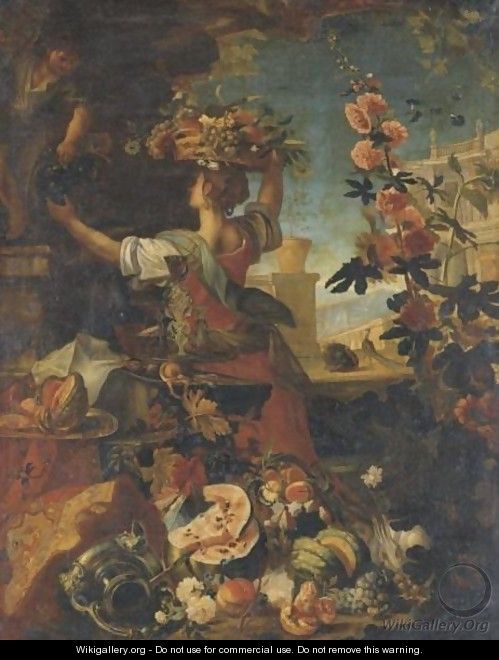 Still Life Of Fruit And Flowers With A Young Woman Carrying A Tray Of Fruit On Her Head, A Landscape Beyond - (after) Christian Berentz