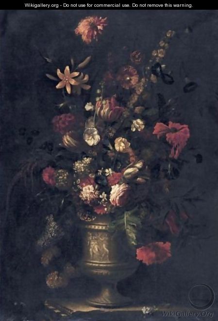 Still Life Of Flowers In A Vase, Resting On A Ledge - (after) Giovanni Stanchi