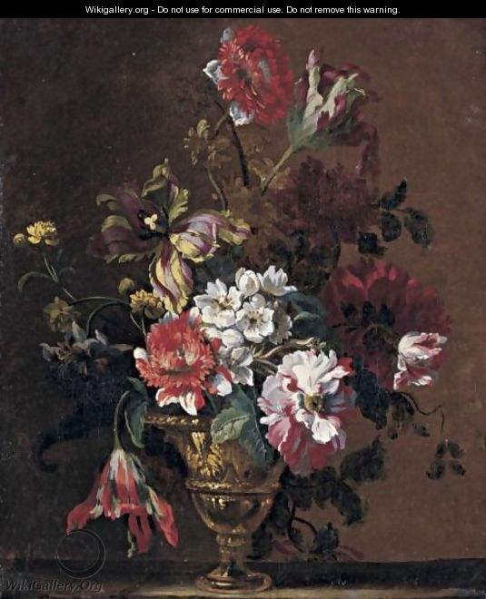 A Still Life With Parrot Tulips, Carnations And Other Flowers In An Urn On A Stone Ledge - (after) Nicolas Baudesson