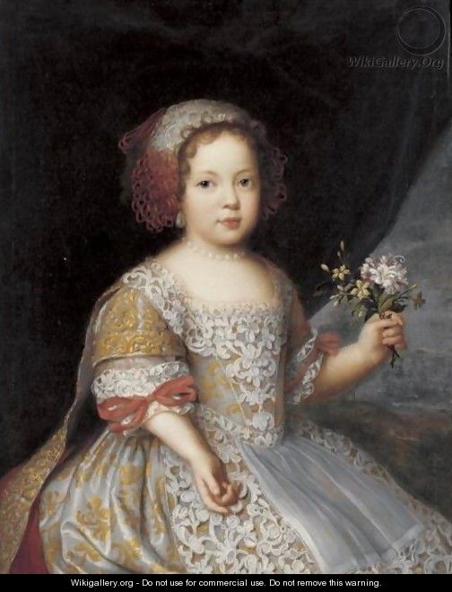 Portrait Of A Girl, Three Quarter Length, Wearing An Elaborate Dress And Holding Wild Flowers - (after) Jacob Ferdinand Voet