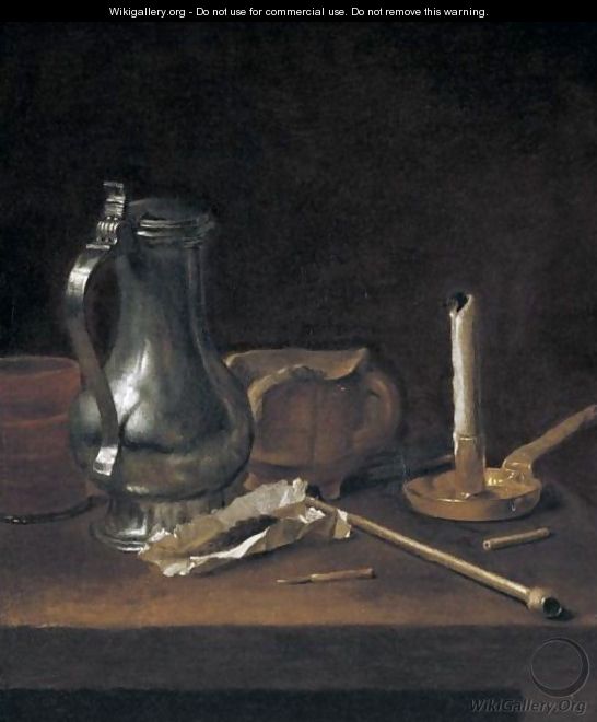 Toebackje Still Life With Pewter Jug, Tobacco, Pipe And Candle - Theodoor Smits