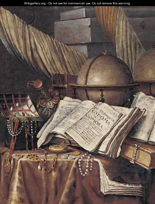 Vanitas Still Life With A Globe, Books And A Box Of Jewels All Resting On A Draped Table - (after) Edwart Collier