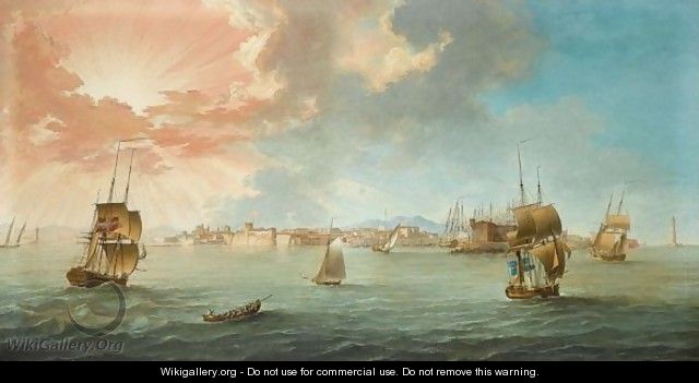 English, Danish And Swedish Merchantmen Amongst Mediterranean Craft Off The Port Of Leghorn, Gulf Of Genoa, At Sunset - (after) John The Younger Cleveley