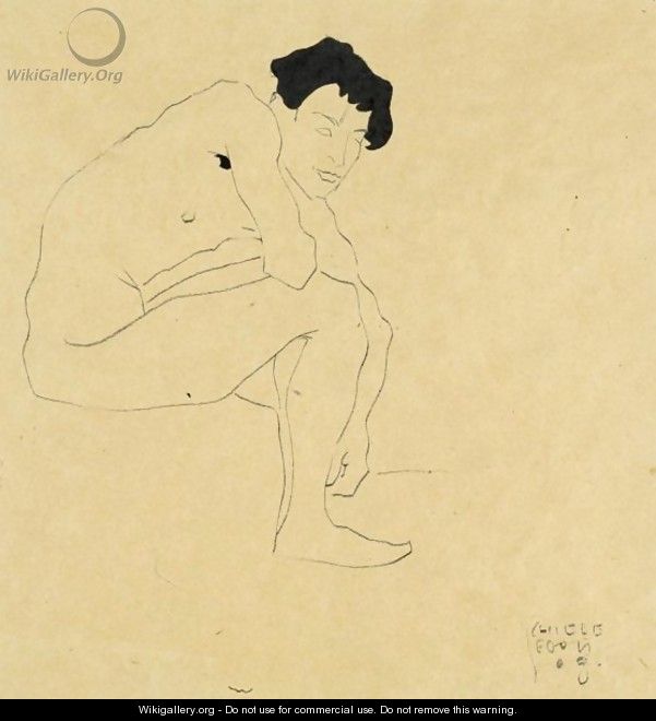 Sitzender Mannlicher Akt (Seated Male Nude) - Egon Schiele