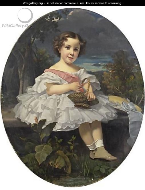 Little Girl Holding A Basket Of Cherries - (after) Franz Xaver Winterhalter