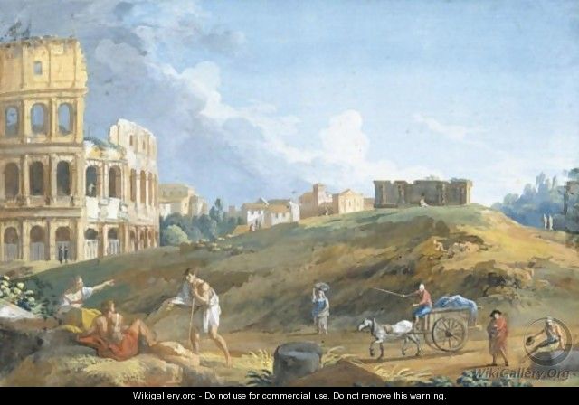 View Of The Colosseum With Travellers In The Foreground - Giovanni Battista Busiri