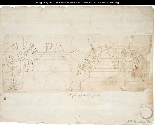 View Of An Open Space, With A Flight Of Steps To The Right On Which Stand Several Naked Figures Holding Spears And Oval Shields, A Seated Female Nude With Two Putti In The Centre - Umbrian-Tuscan School