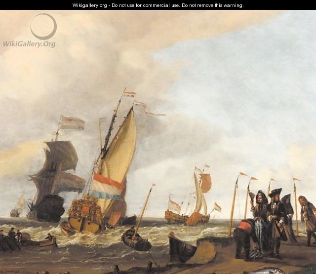 Dutch Shipping In Rough Seas Off The Coast, With A Man Selling Fish On Shore - Gerrit Pompe