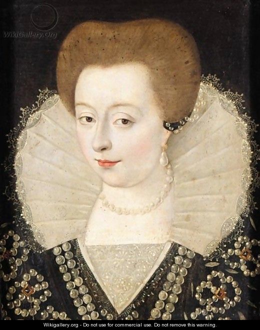 Portrait Of A Lady, Head And Shoulders, Wearing An Elaborate Ruff And A Black Dress Embroidered With Pearls - French School