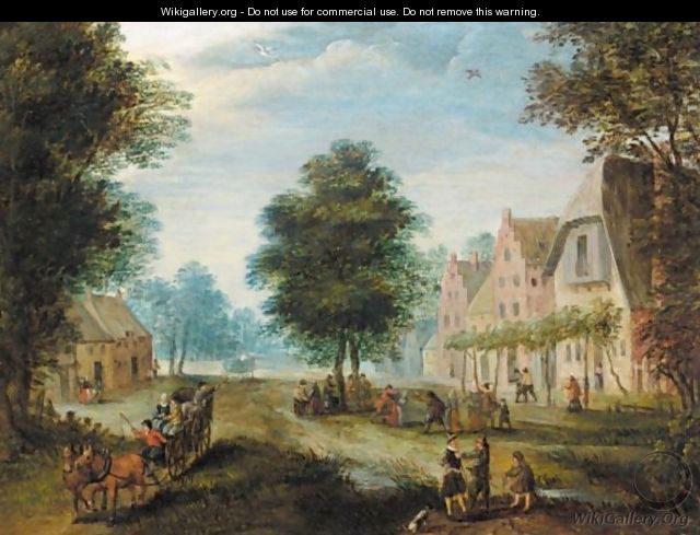 Village Scene With Figures Conversing In The Foreground, And Figures Dancing Beyond - (after) Jan The Elder Brueghel